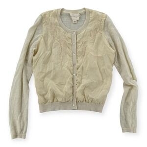 Pure DKNY Cardigan Womens Medium Button Up Floral Embroidered Silk Front Sweater